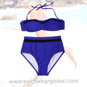 Royal Blue High-Waisted Two-Piece Swimwear - Mesh Detailing & Tummy-Control