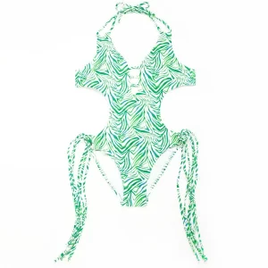 Custom Green Zebra Stripe Multi-Strap One Piece Swimsuit | Chinese manufacturers