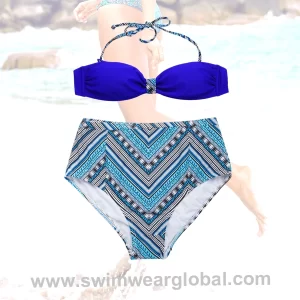 Customizable OEM / ODM Royal Blue & Zigzag Tribal Print High-Waisted Swimwear