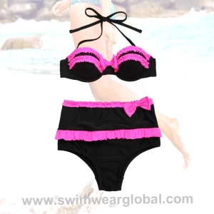 Fuchsia & Black High-Waisted Two-Piece Swimwear | Contrast Trim & Tummy-Control