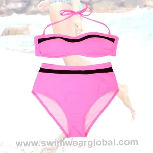 High-Waisted Two-Piece Swimwear - Pink with Mesh Panels | Tummy-Control