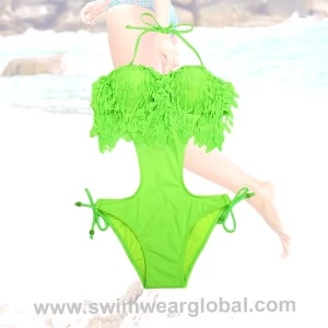 Bespoke OEM Green One-Piece Swimsuit with Leaf-Shaped Fringe Accents