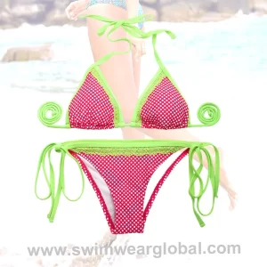 Red & White Polka Dot Bikini with Single-Side Green Lace