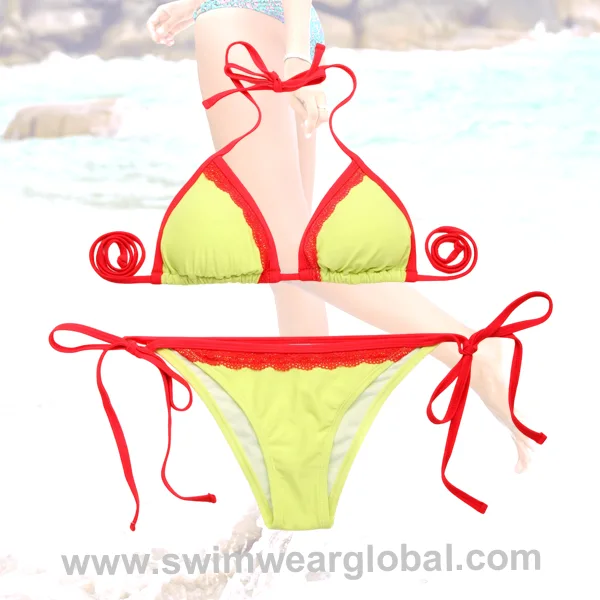 Chartreuse & Unilateral Red Lace Bikini | Premium Wholesale Swimwear